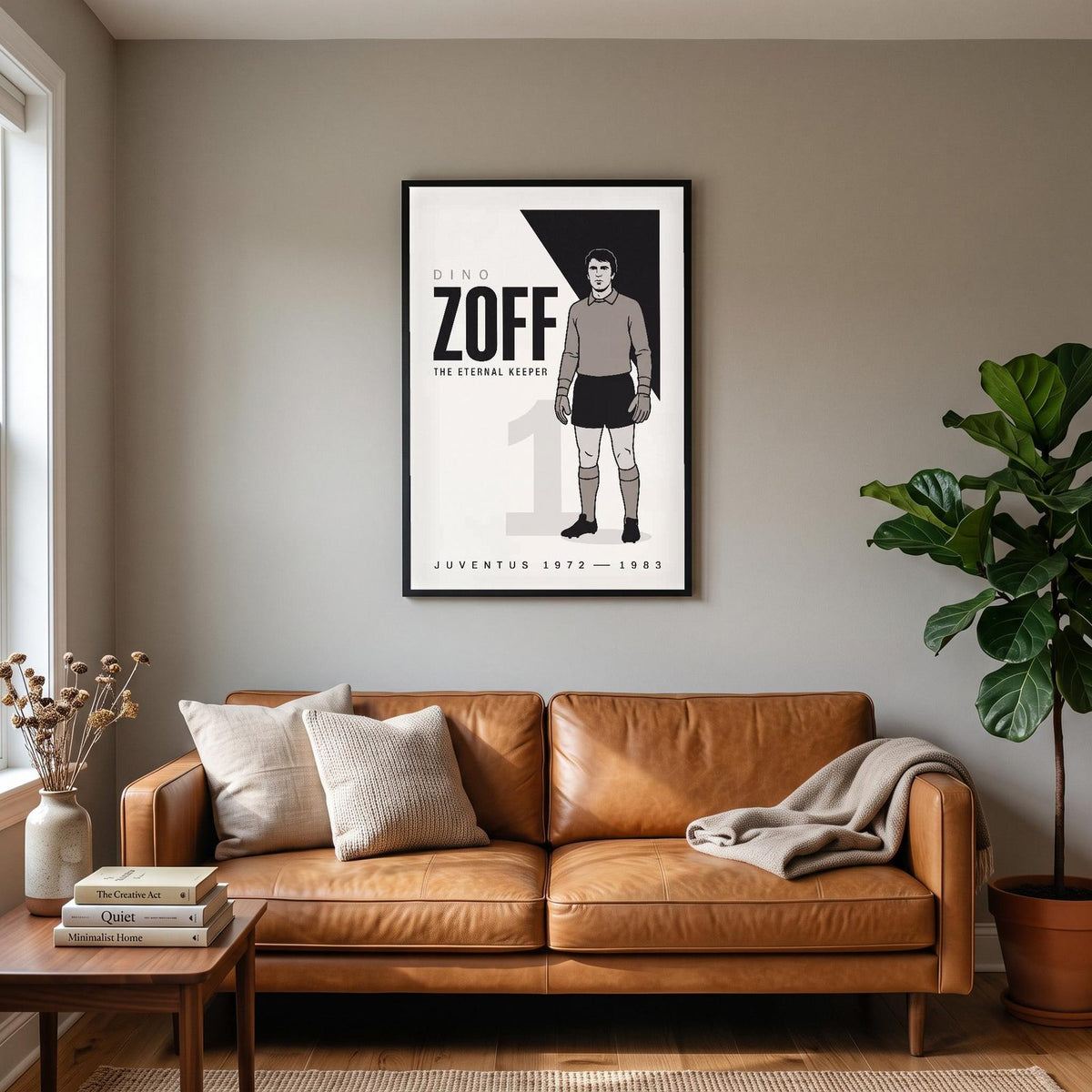 Dino Zoff Print hanging on a living room wall