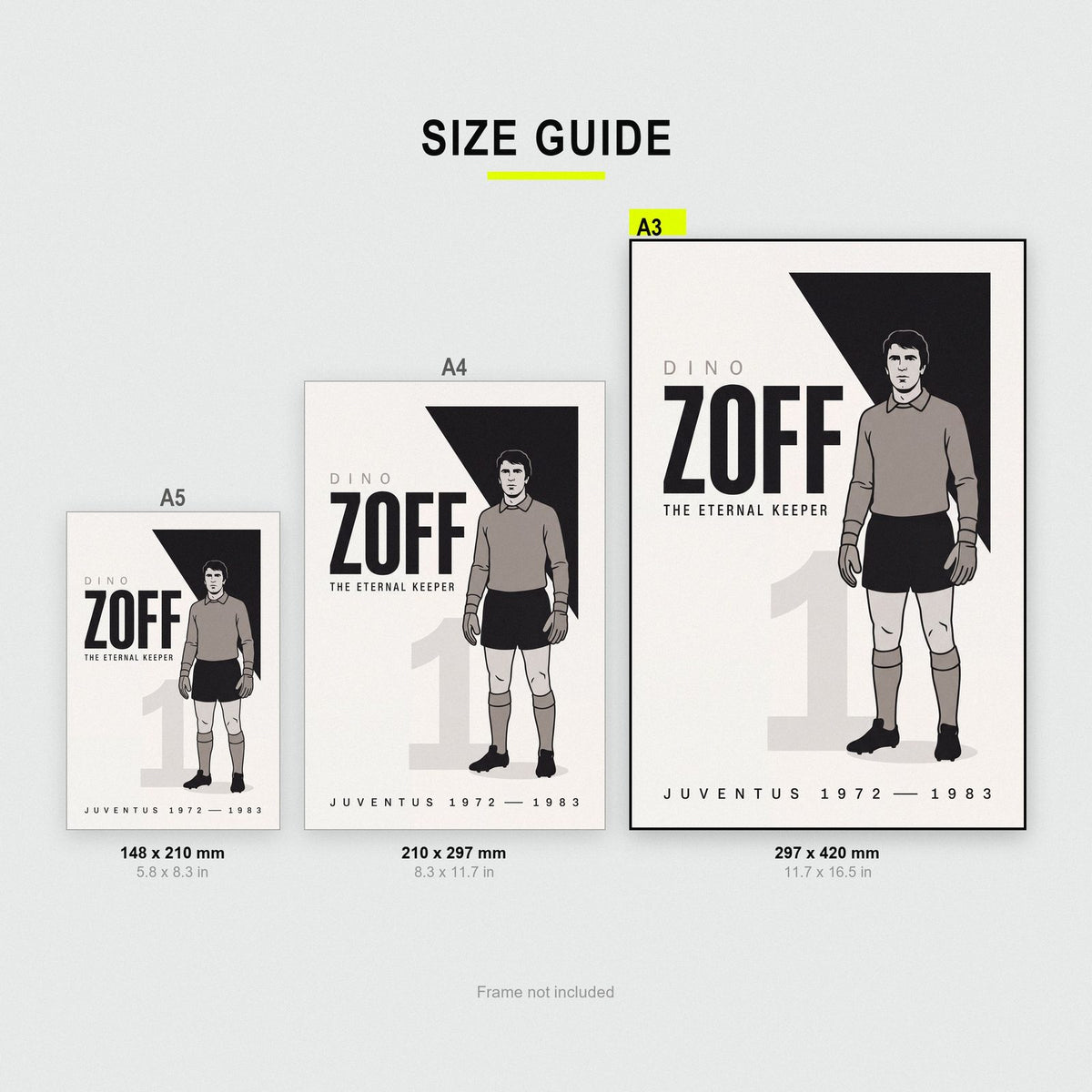 Dino Zoff Print size guide showing A3, A4 and A5