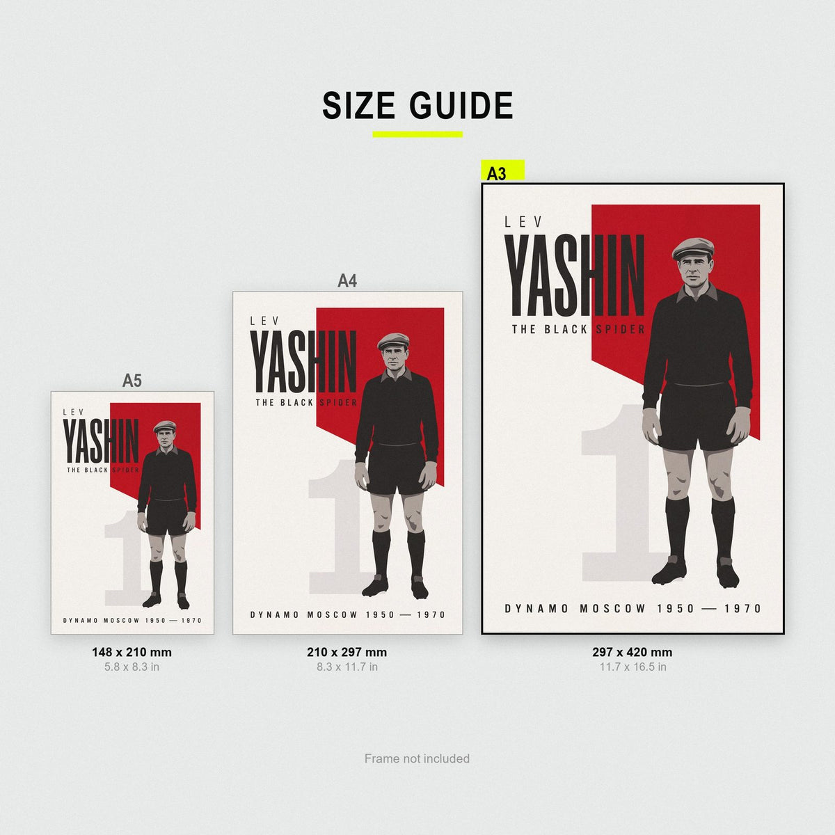 Lev Yashin Print size guide showing A3, A4 and A5