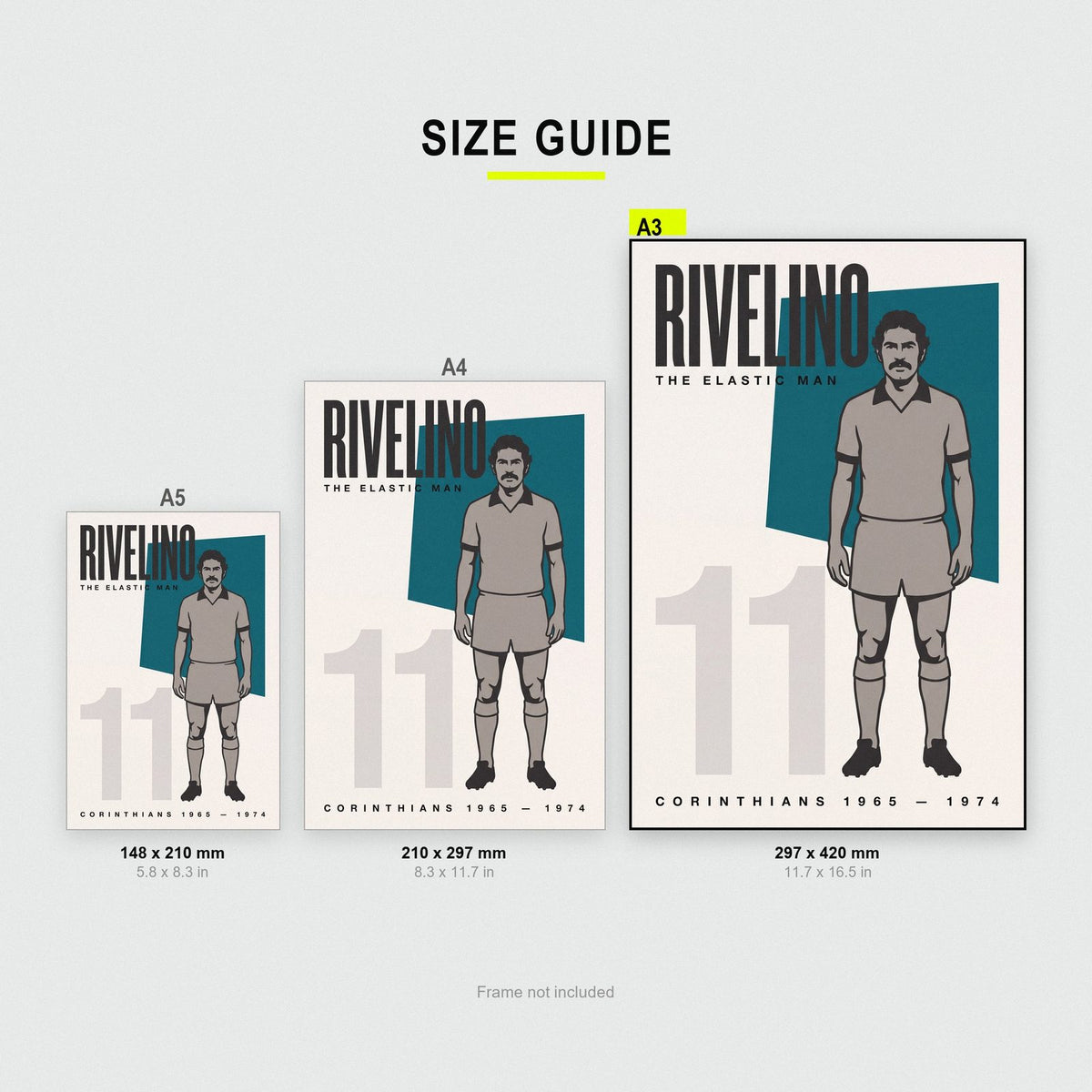 Rivelino Print size guide showing A3, A4 and A5