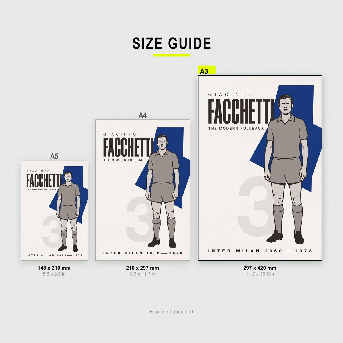 Giacinto Facchetti Print size guide showing A3, A4 and A5