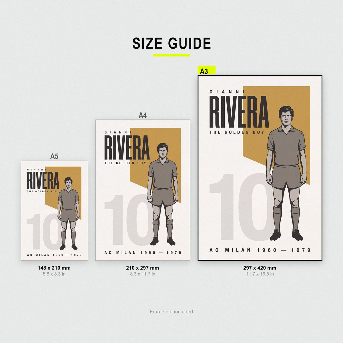 Gianni Rivera Print size guide showing A3, A4 and A5