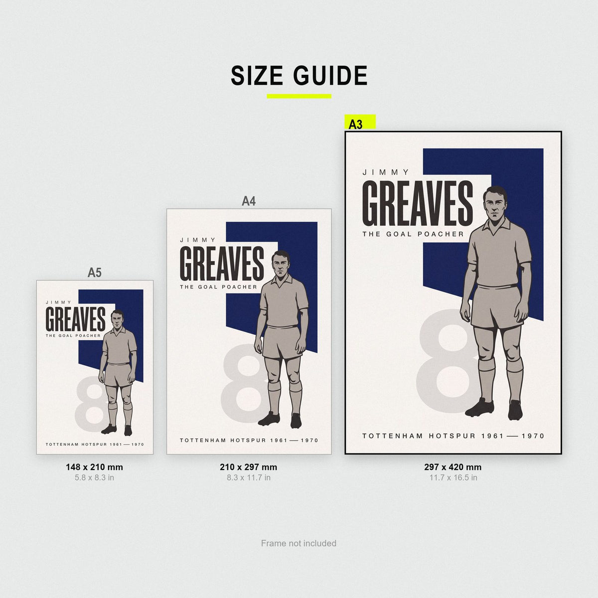 Jimmy Greaves Print size guide showing A3, A4 and A5