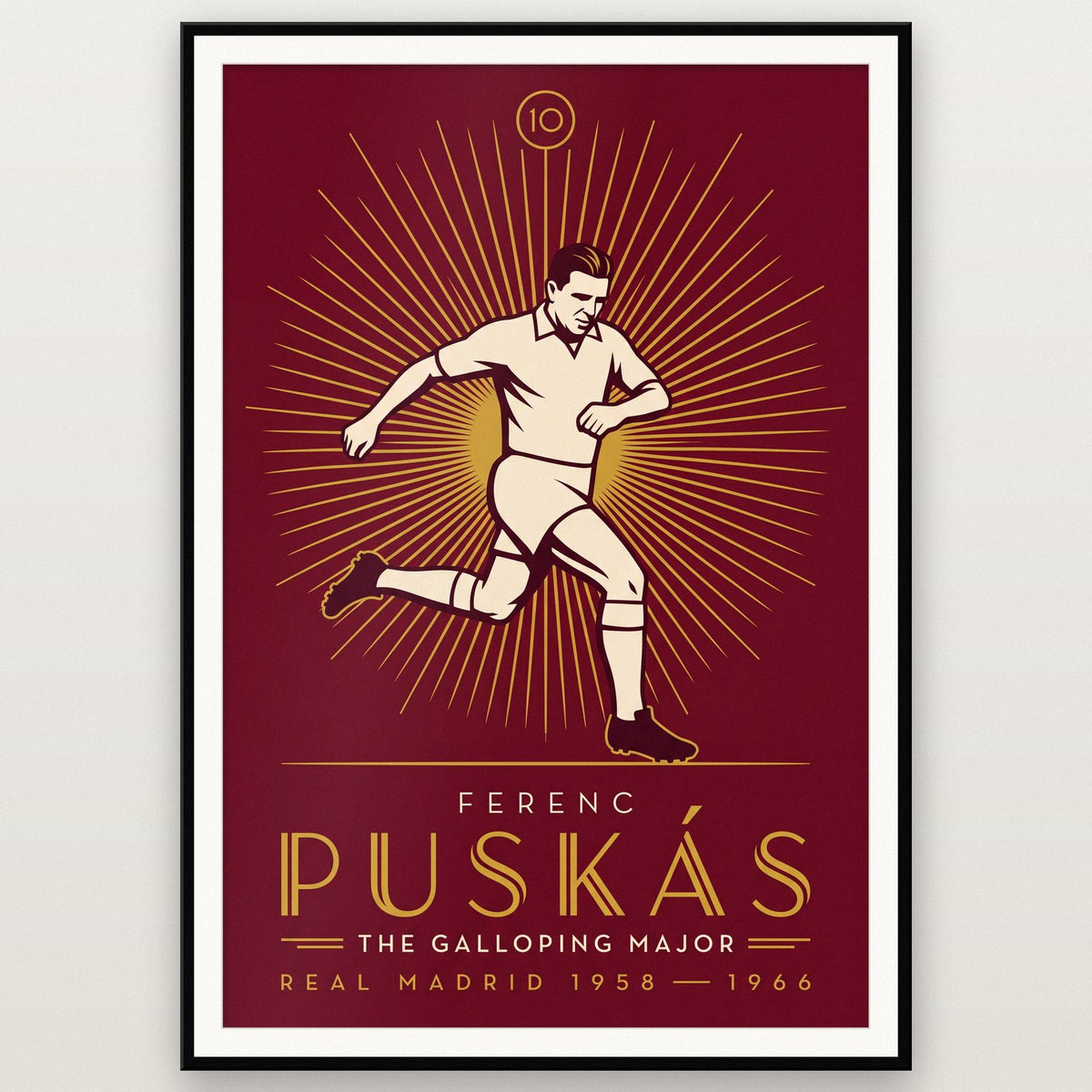 Ferenc Puskas Art Deco Print shown in a black frame
