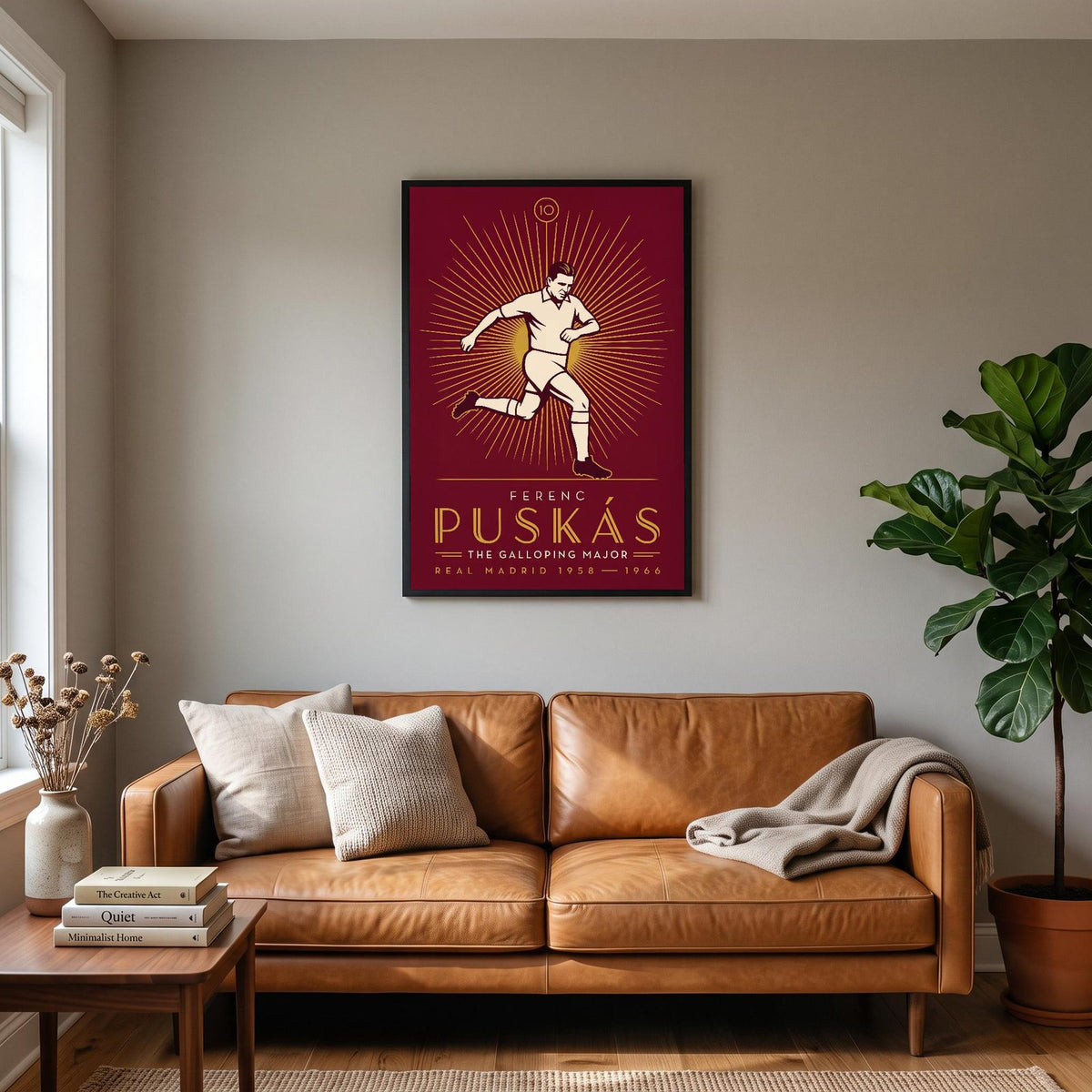 Ferenc Puskas Art Deco Print hanging on a living room wall