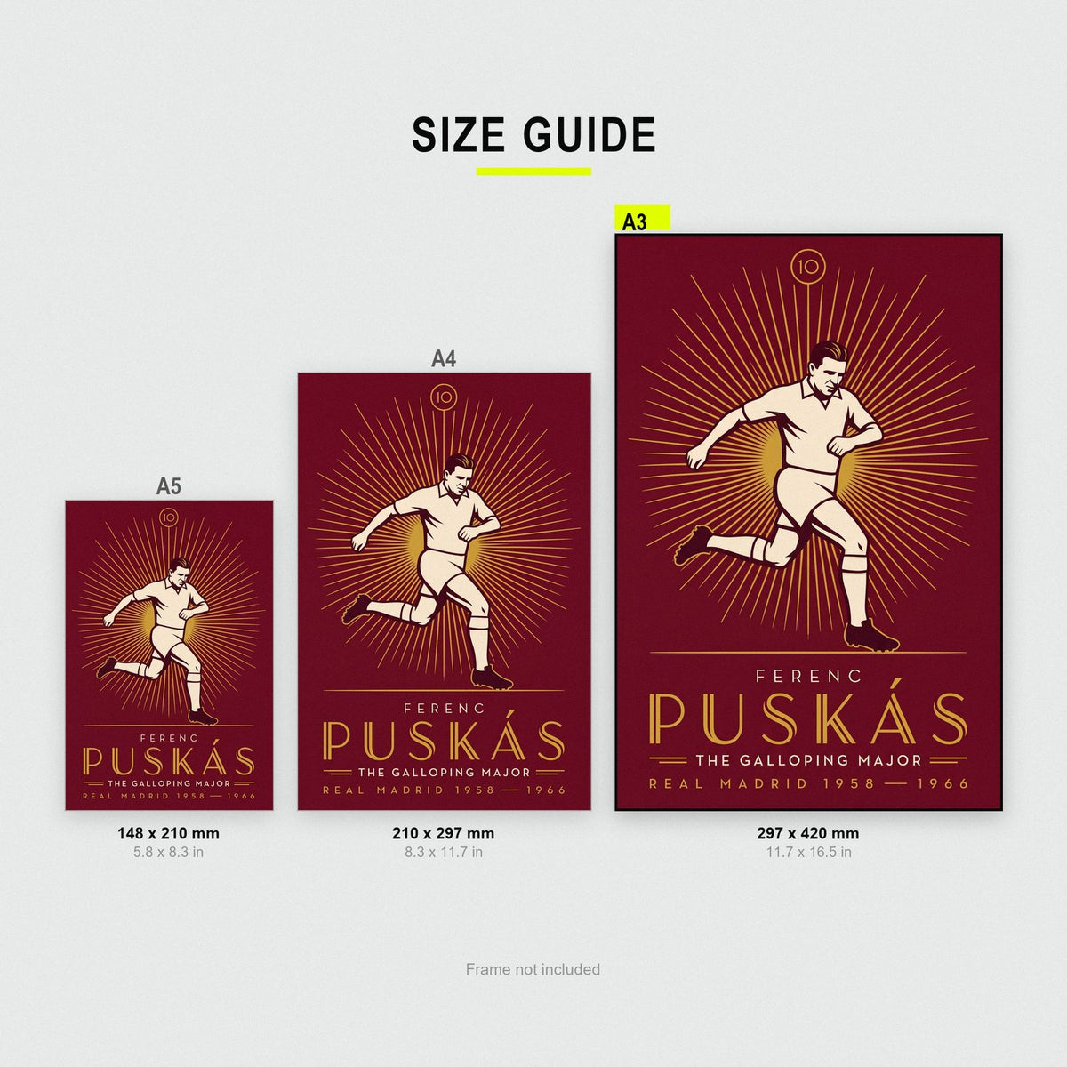 Ferenc Puskas Art Deco Print size guide showing A3, A4 and A5