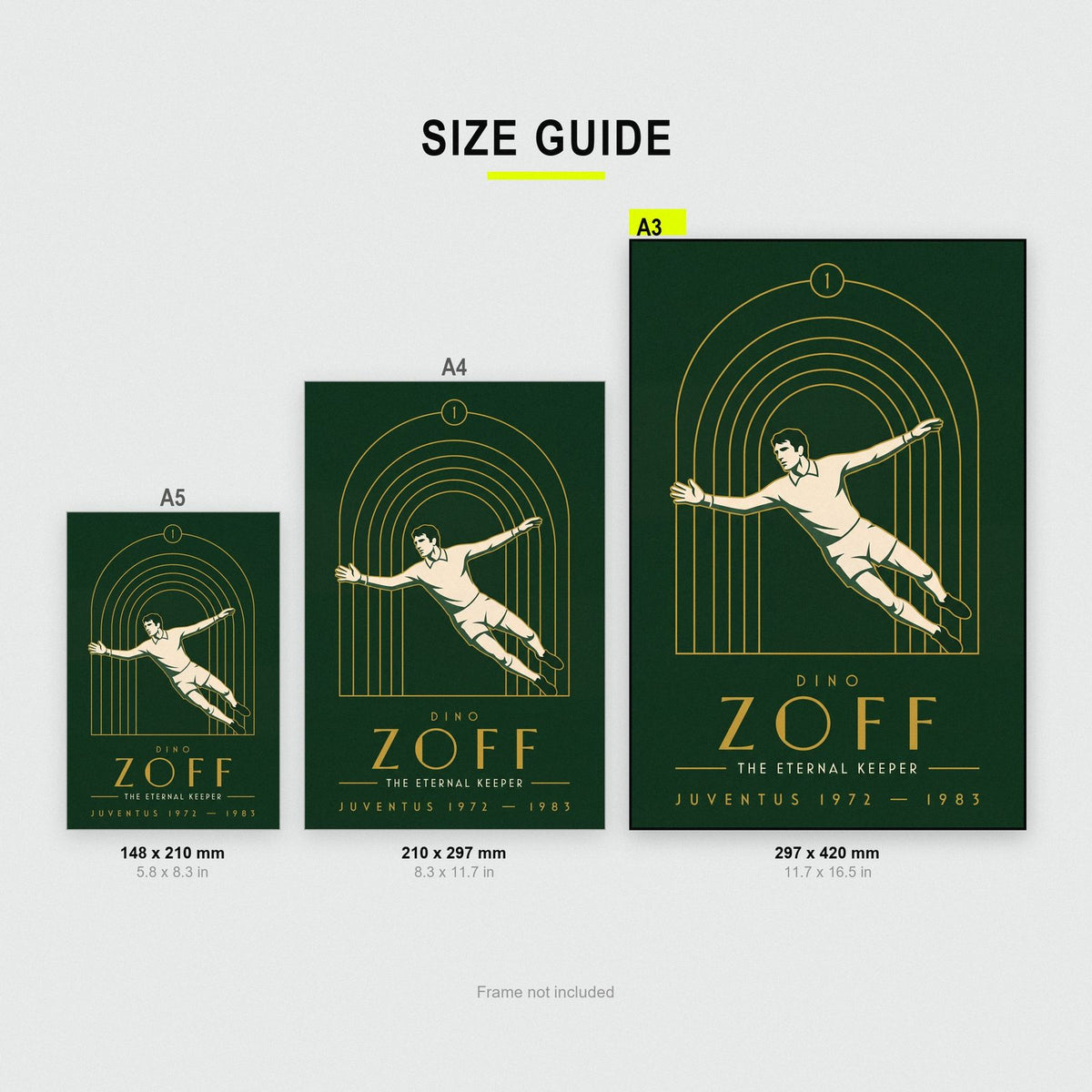 Dino Zoff Art Deco Print size guide showing A3, A4 and A5
