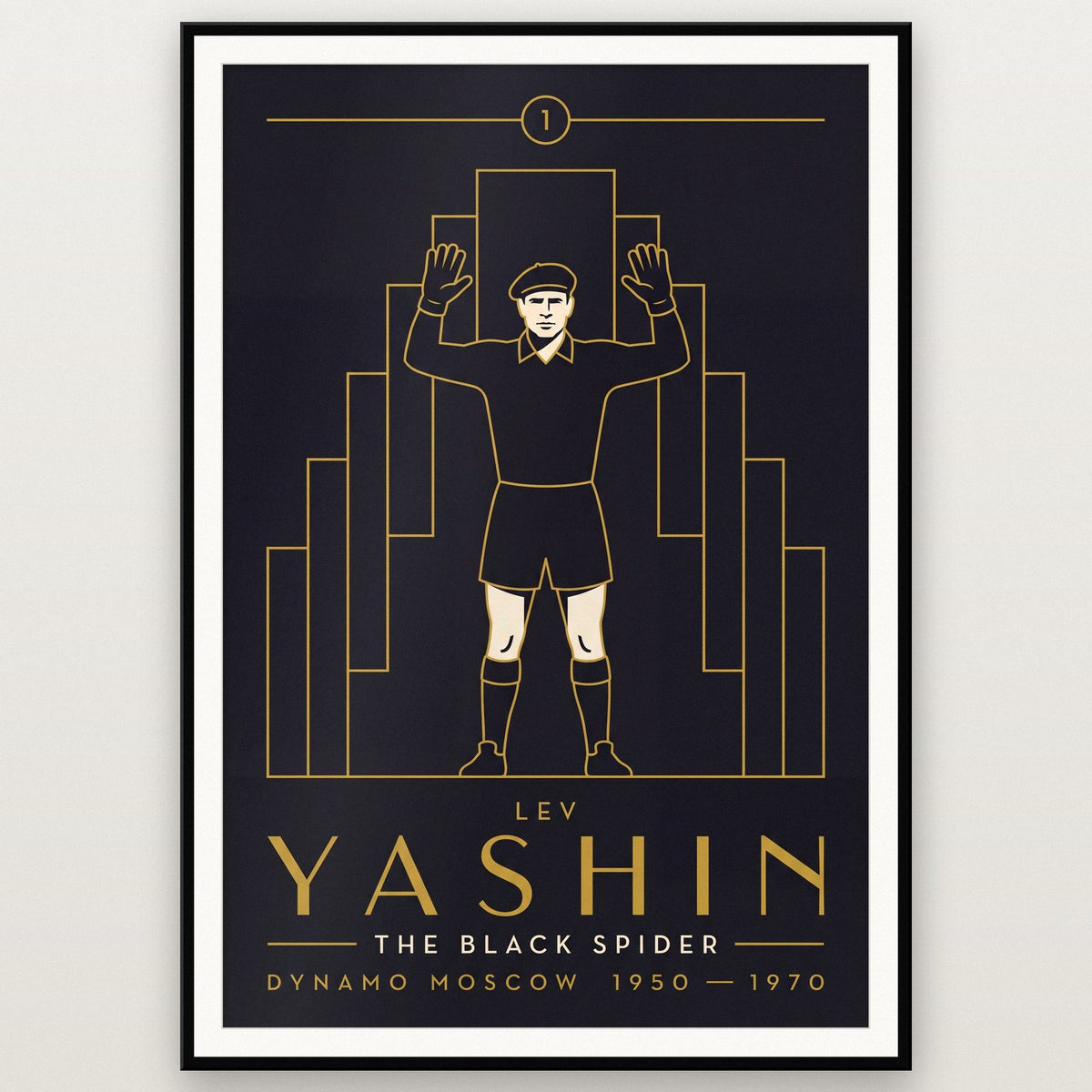Lev Yashin Art Deco Print shown in a black frame