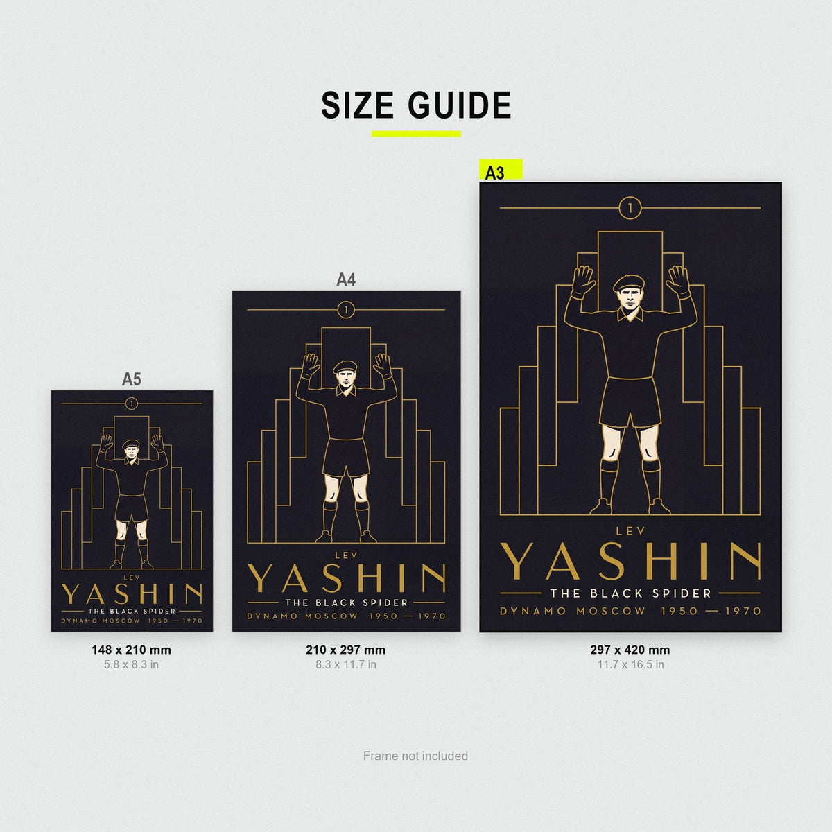 Lev Yashin Art Deco Print size guide showing A3, A4 and A5