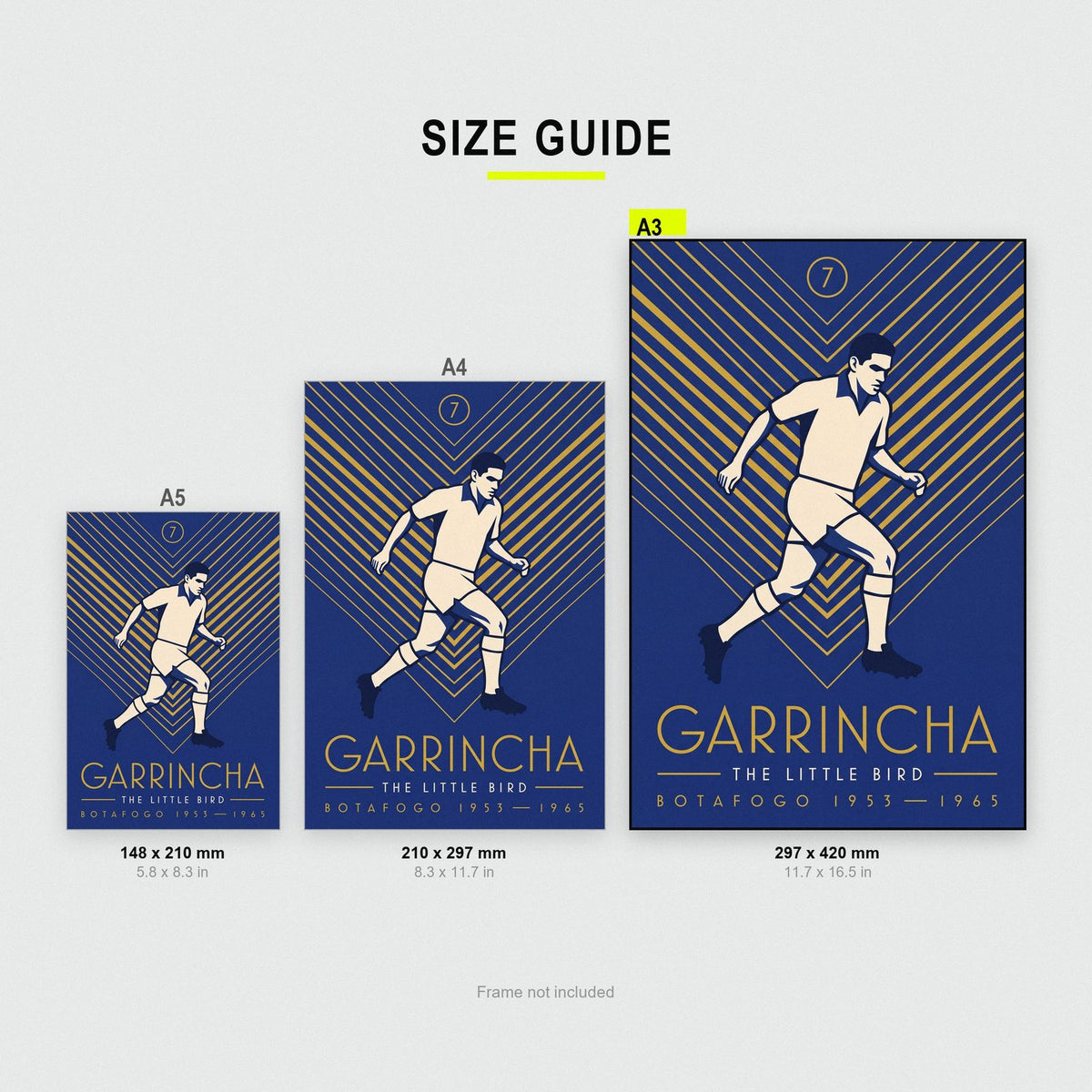 Garrincha Art Deco Print size guide showing A3, A4 and A5