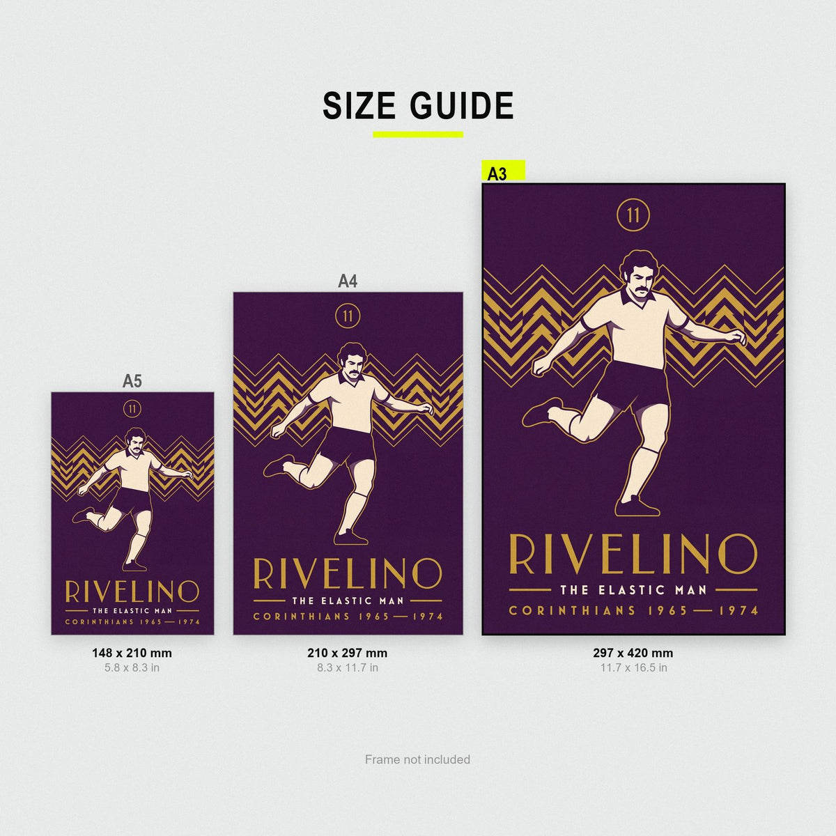 Rivelino Art Deco Print size guide showing A3, A4 and A5