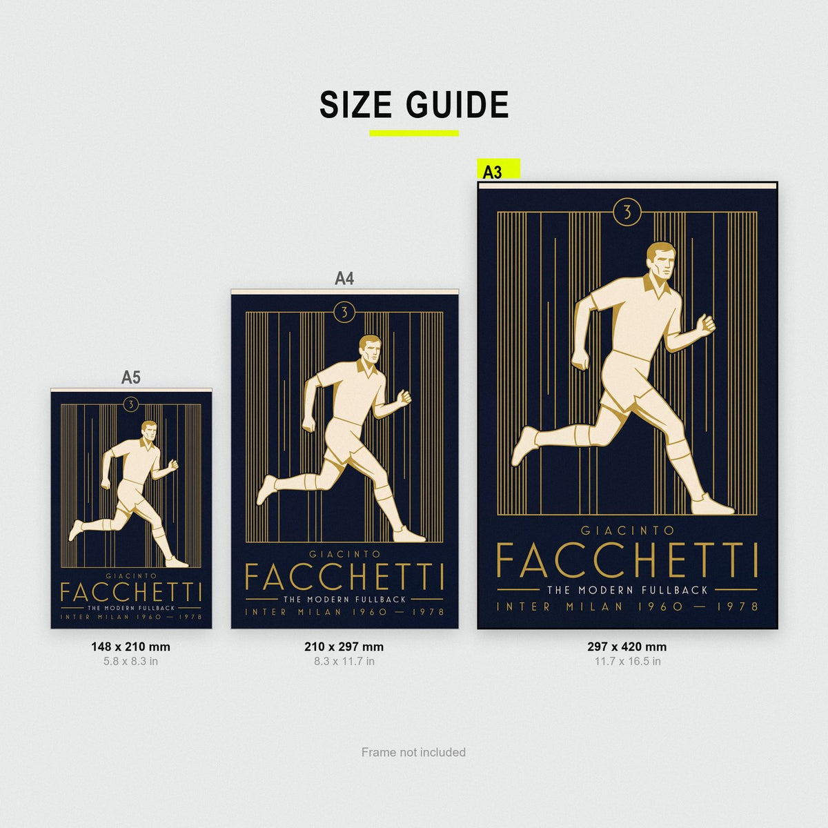 Giacinto Facchetti Art Deco Print size guide showing A3, A4 and A5