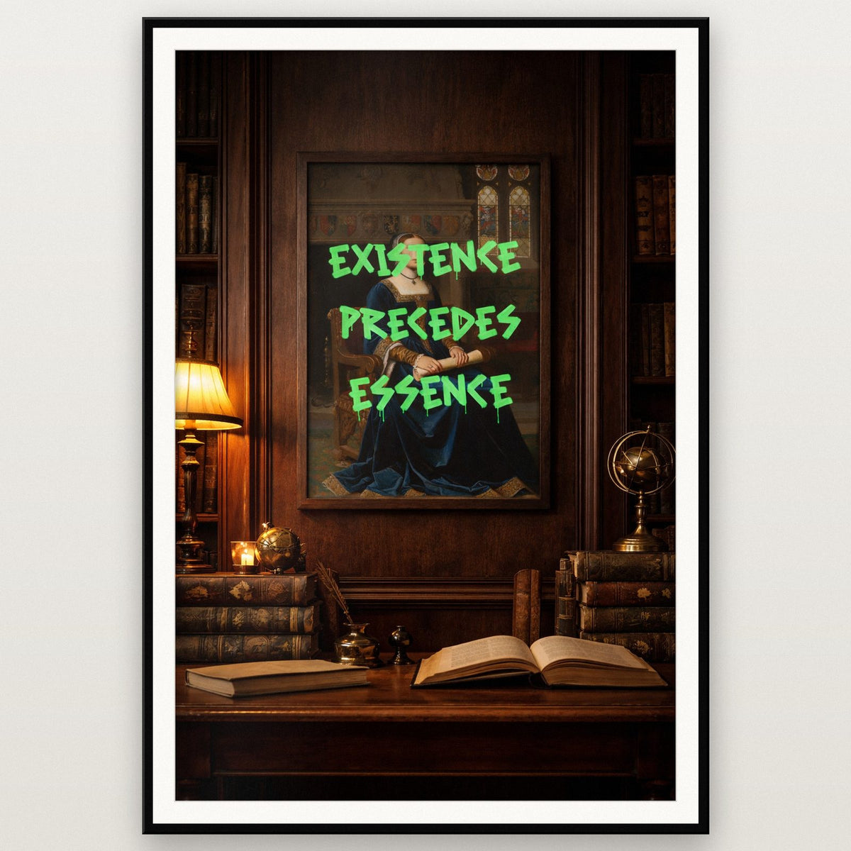 Existence Precedes Essence Print shown in a black frame