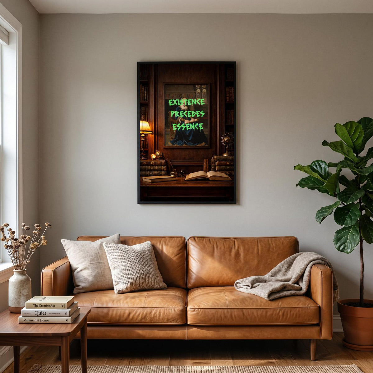 Existence Precedes Essence Print hanging on a living room wall