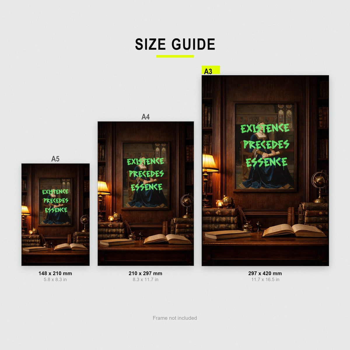 Existence Precedes Essence Print size guide showing A3, A4 and A5