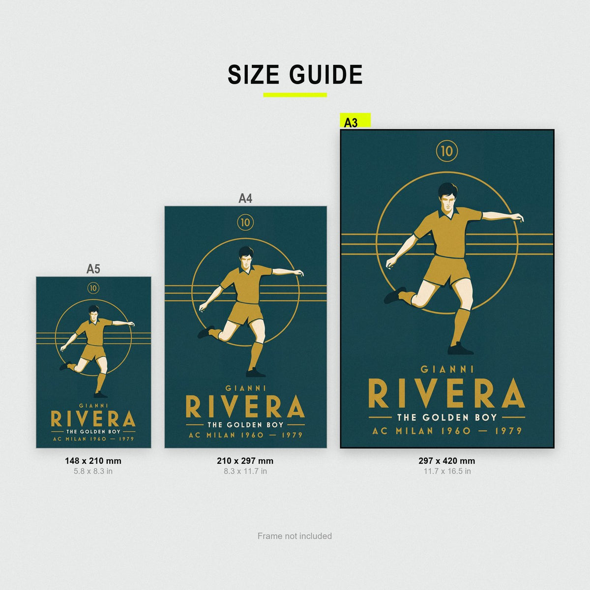 Gianni Rivera Art Deco Print size guide showing A3, A4 and A5