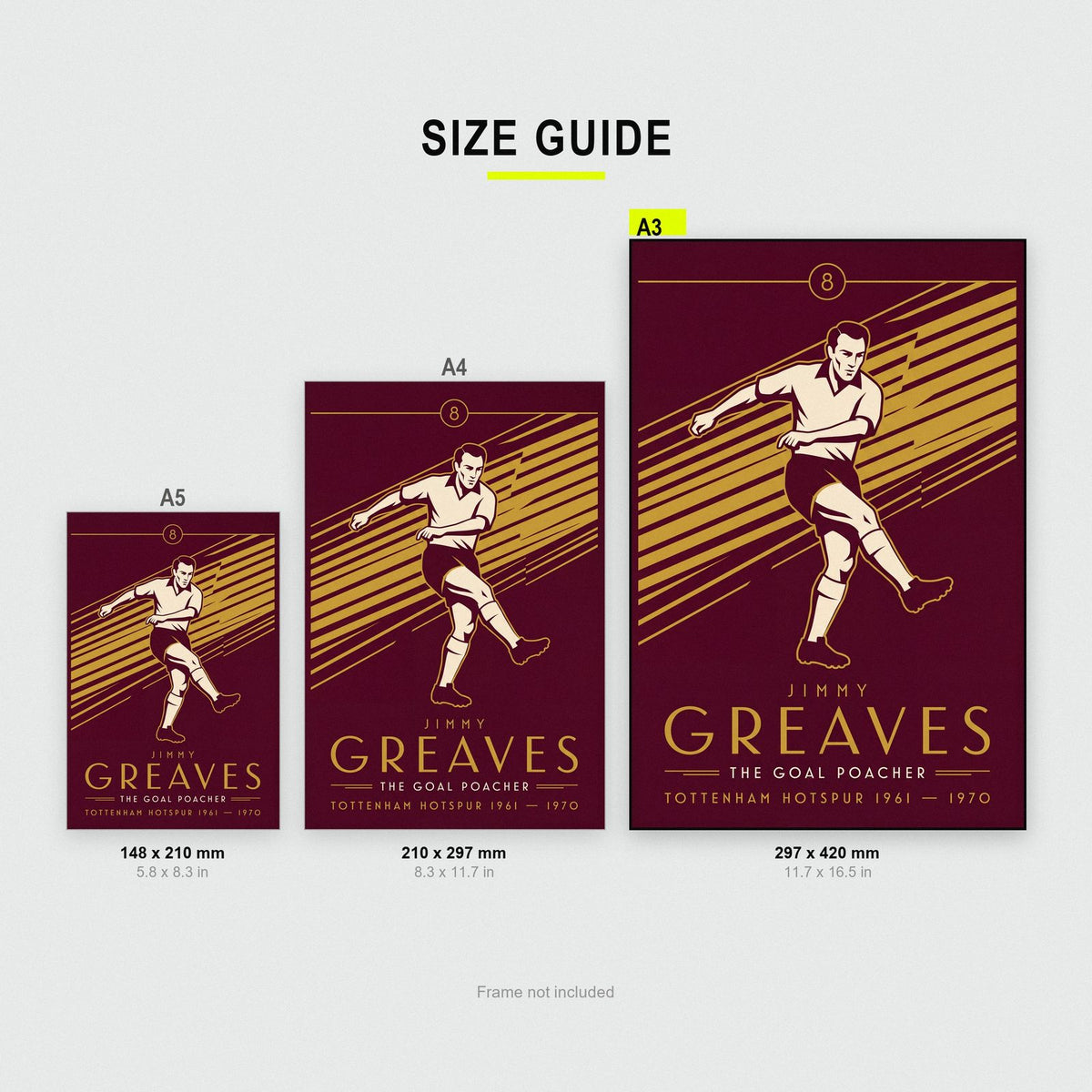 Jimmy Greaves Art Deco Print size guide showing A3, A4 and A5