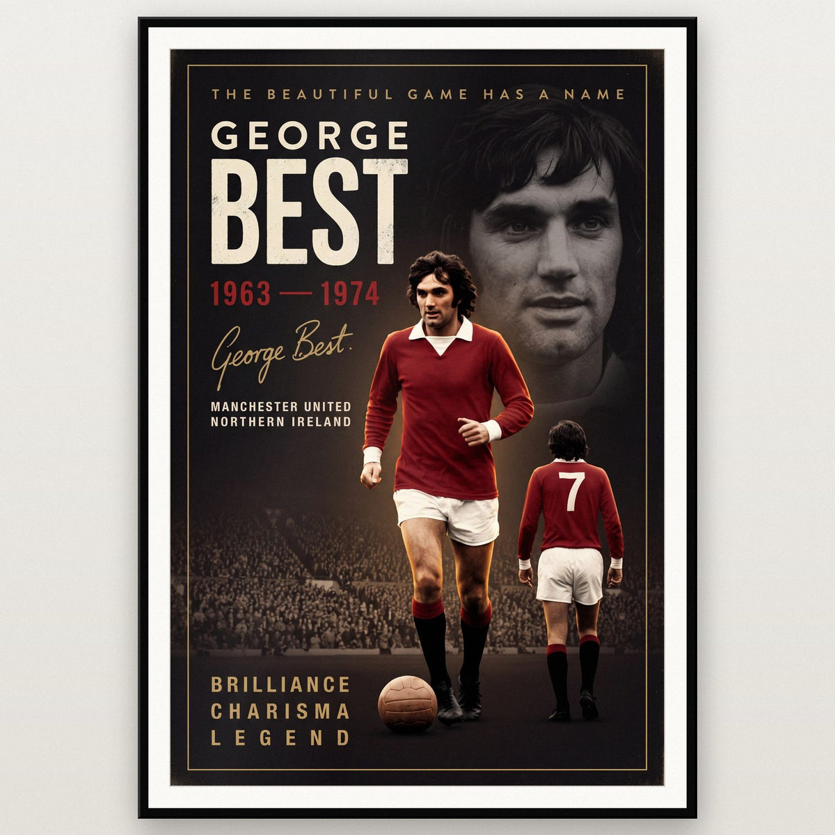 George Best Cinematic Print shown in a black frame