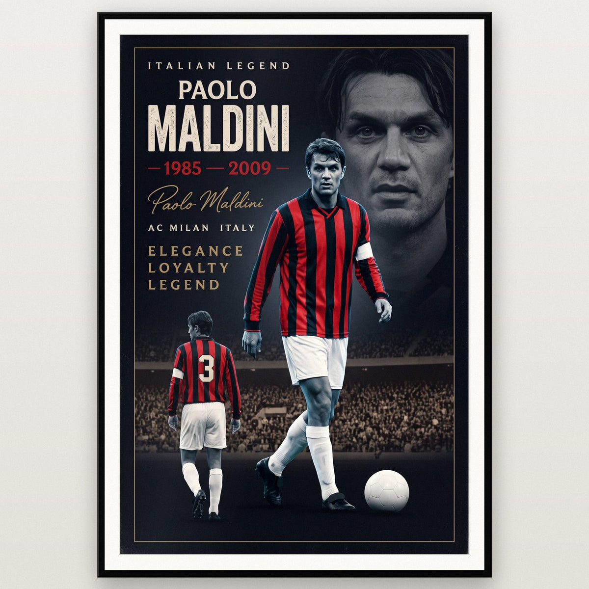 Paolo Maldini Cinematic Print shown in a black frame