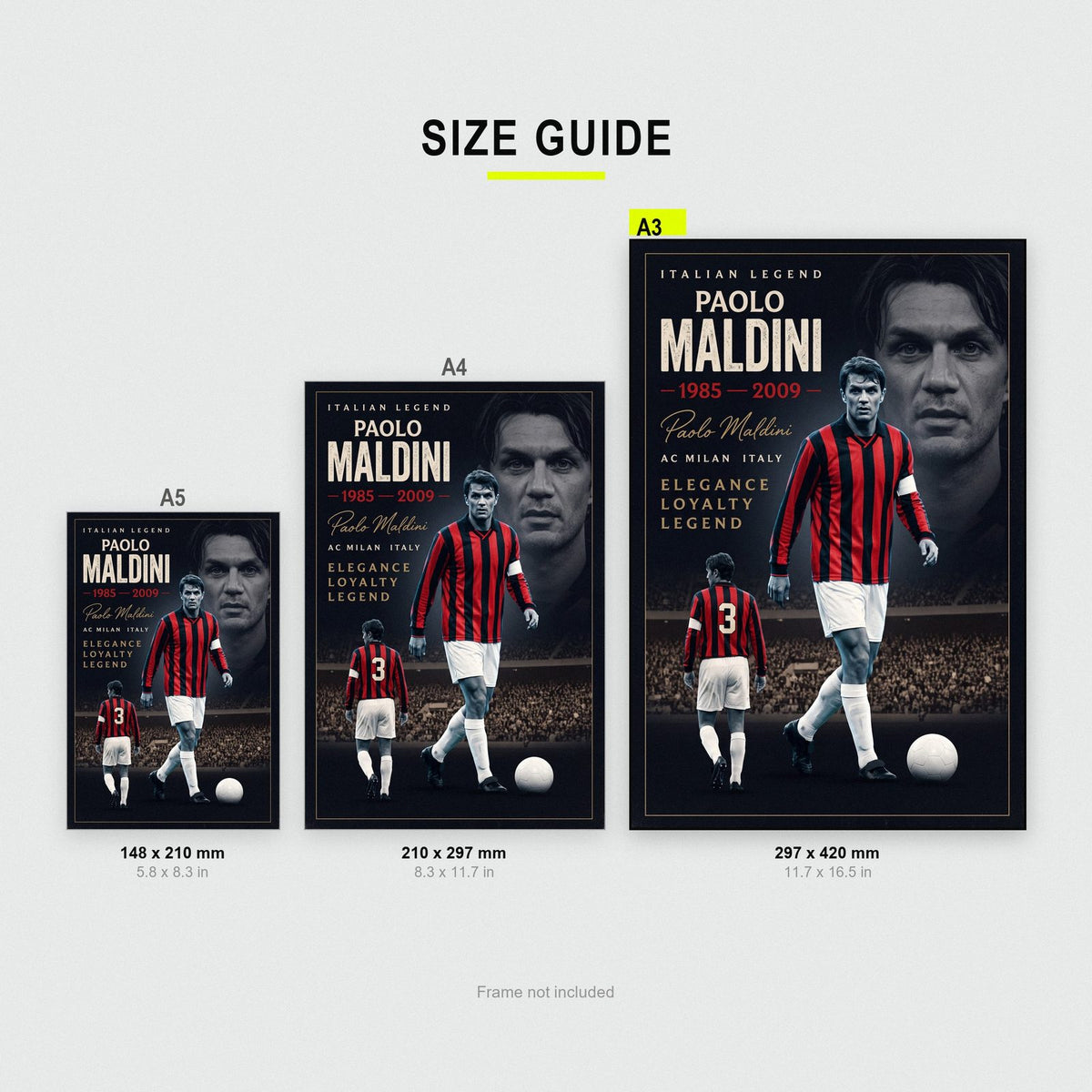 Paolo Maldini Cinematic Print size guide showing A3, A4 and A5