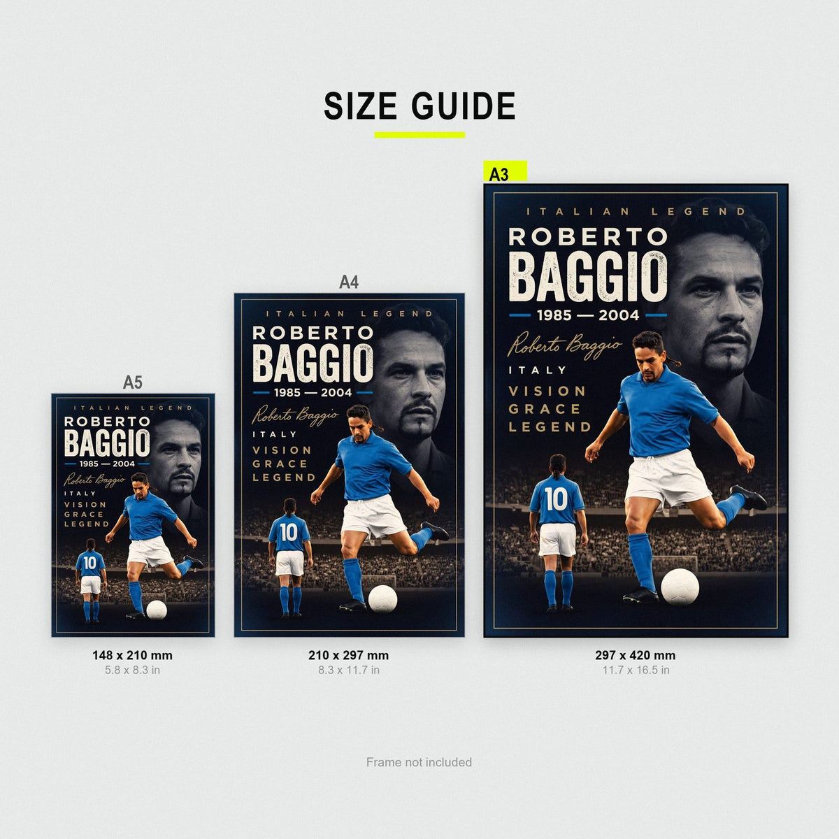 Roberto Baggio Cinematic Print size guide showing A3, A4 and A5