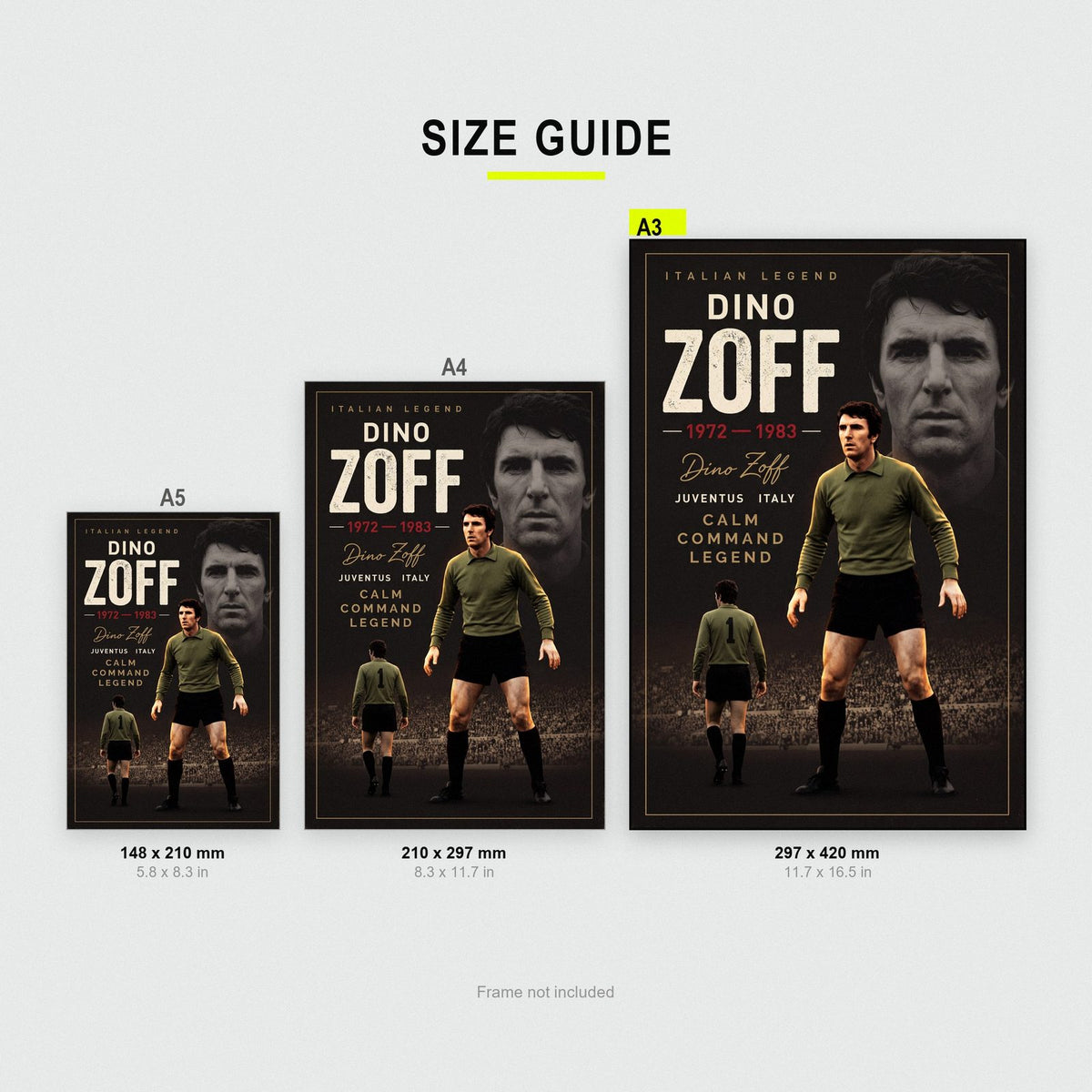 Dino Zoff Cinematic Print size guide showing A3, A4 and A5