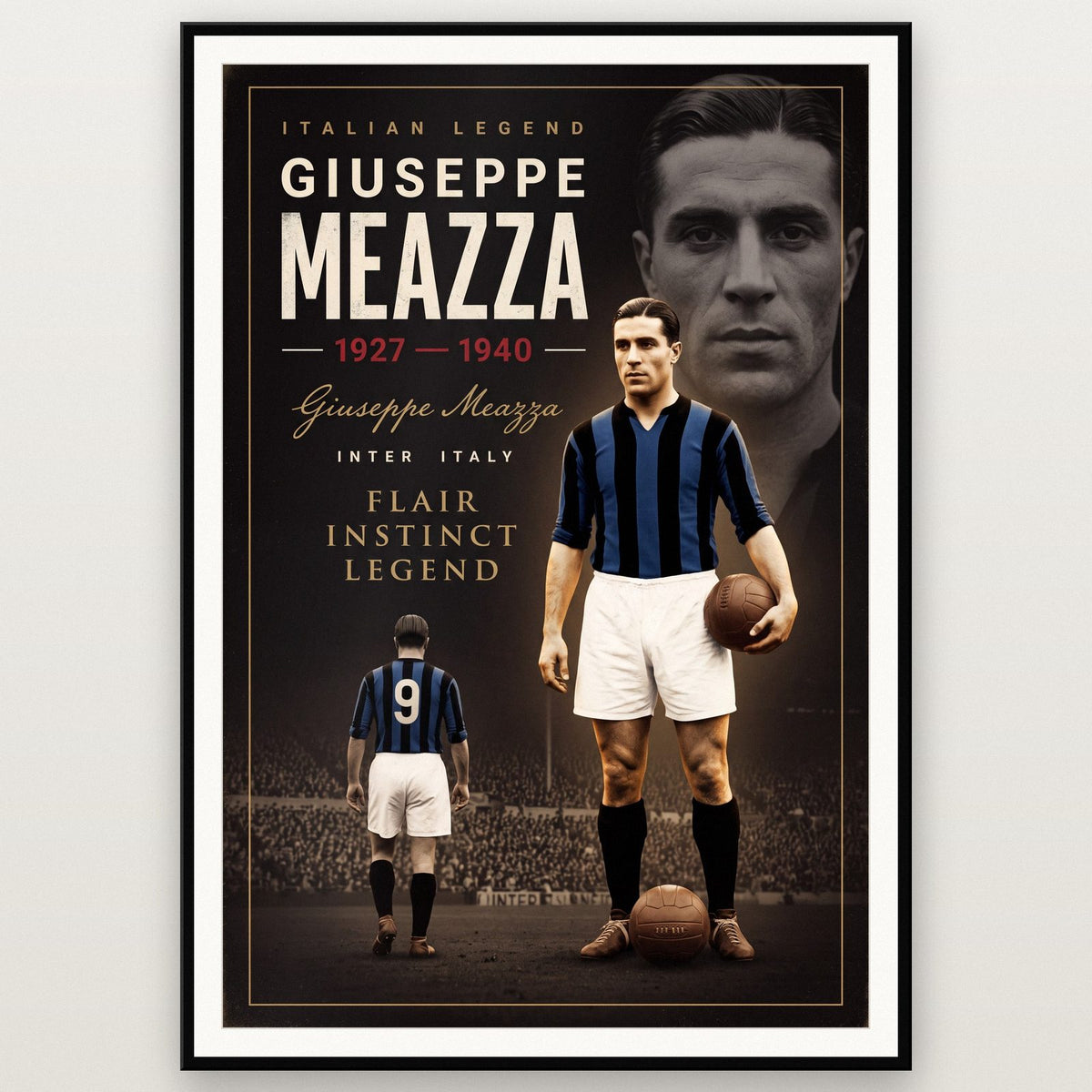 Giuseppe Meazza Cinematic Print shown in a black frame