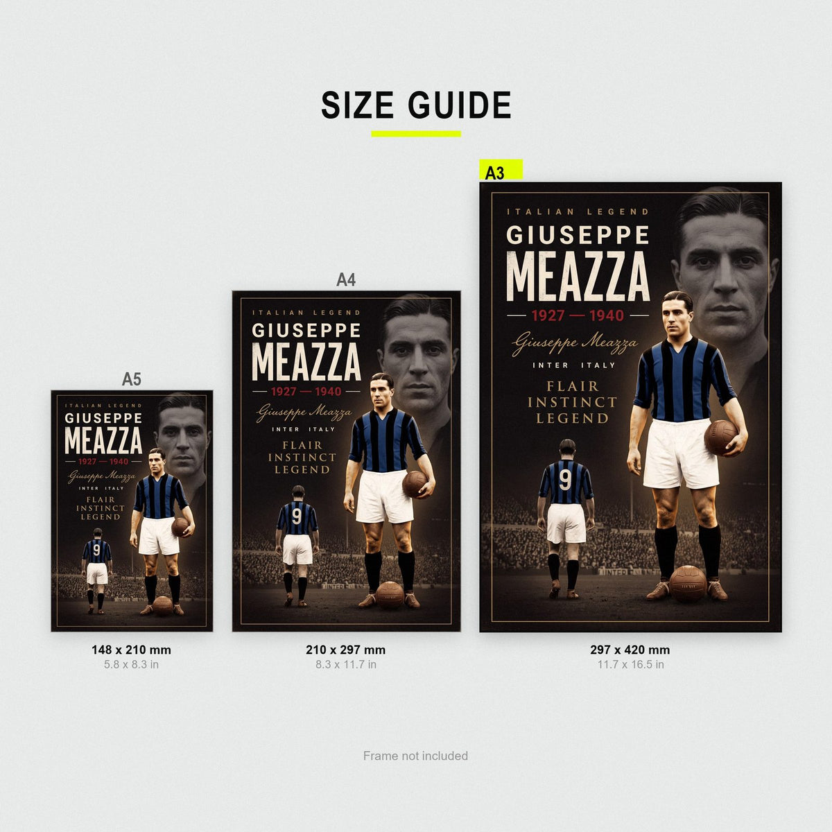 Giuseppe Meazza Cinematic Print size guide showing A3, A4 and A5