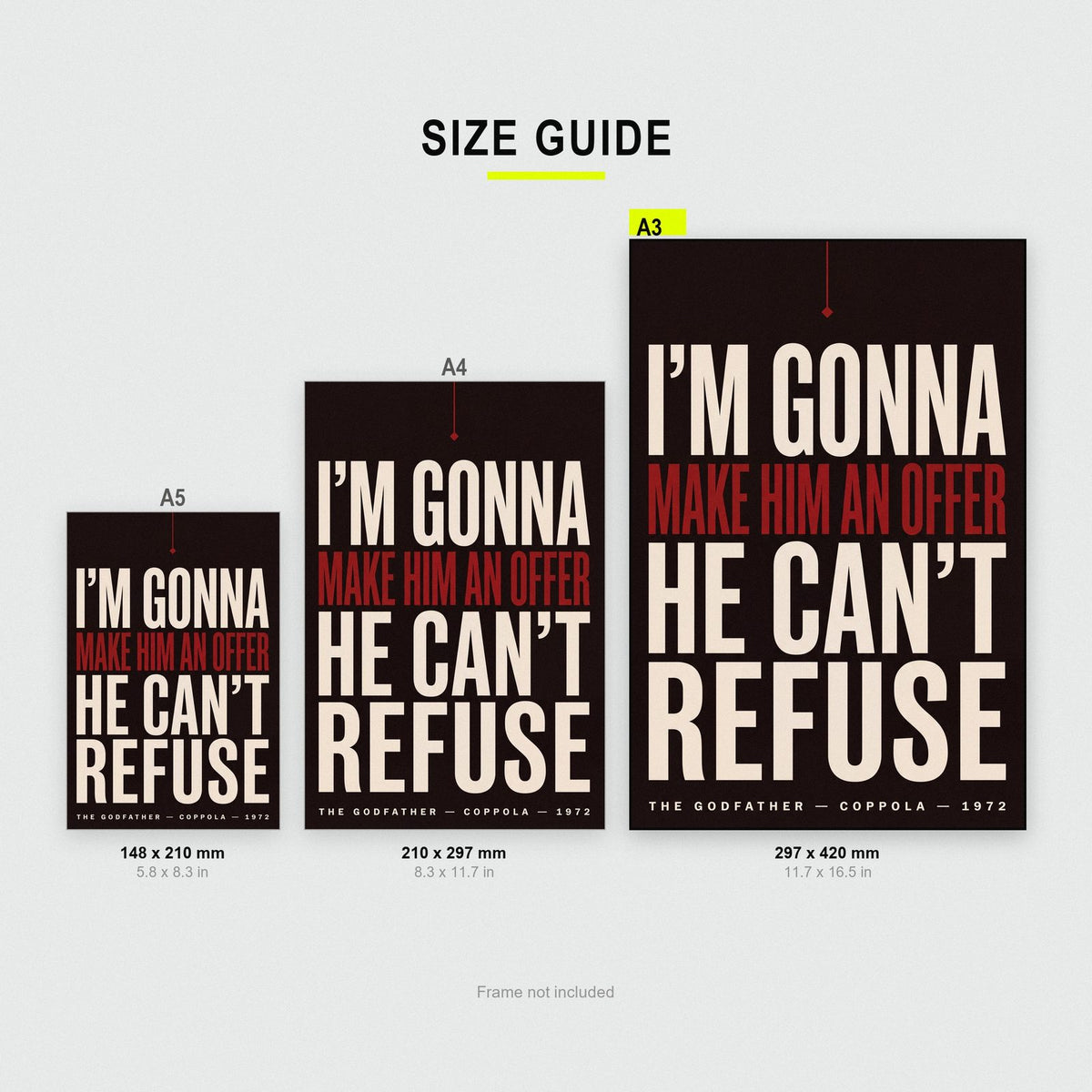 The Godfather Print size guide showing A3, A4 and A5