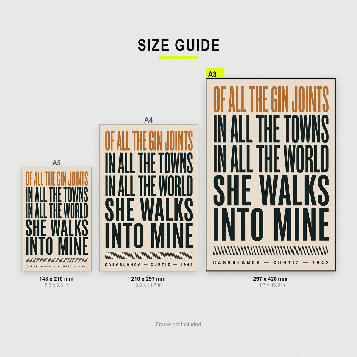 Casablanca Print size guide showing A3, A4 and A5