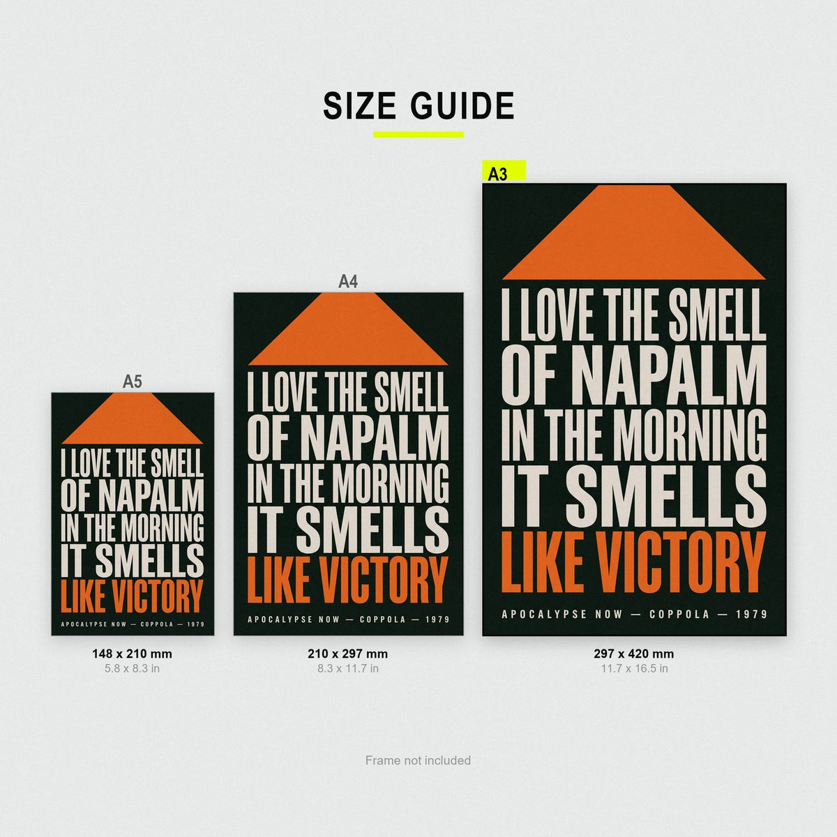 Apocalypse Now Print size guide showing A3, A4 and A5
