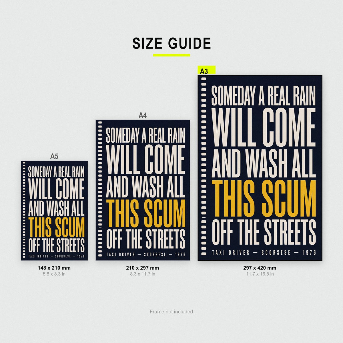 Taxi Driver Print size guide showing A3, A4 and A5
