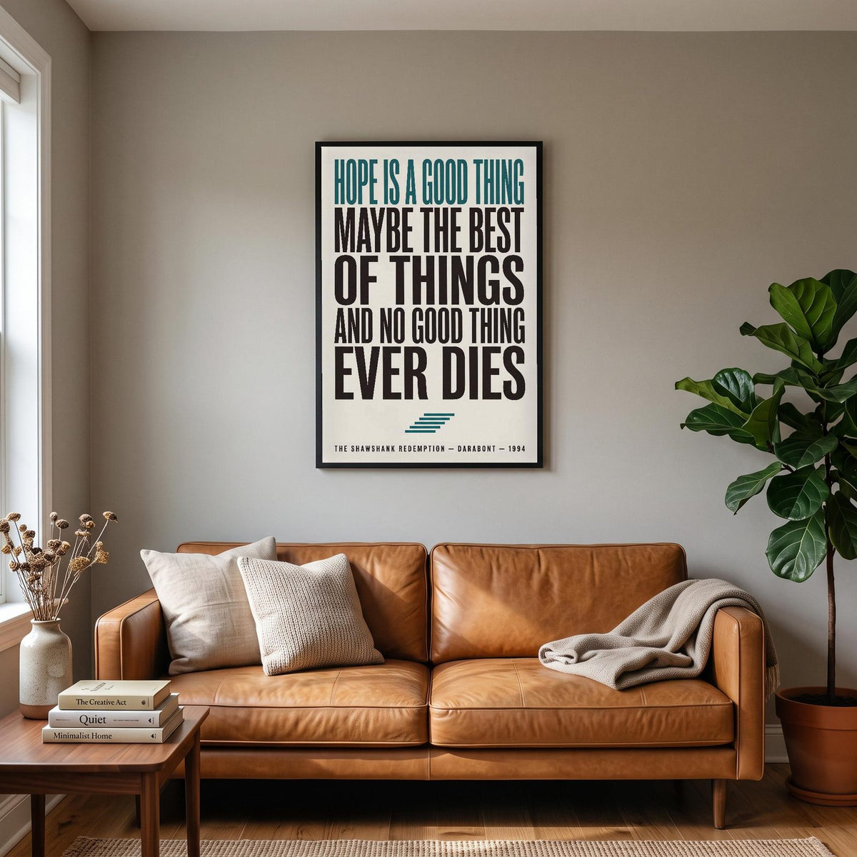 Shawshank Redemption Print hanging on a living room wall