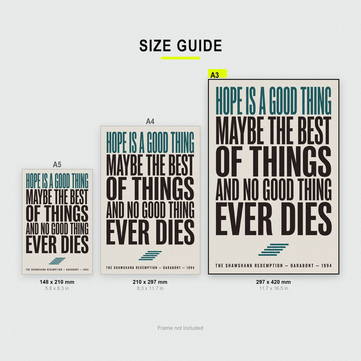 Shawshank Redemption Print size guide showing A3, A4 and A5