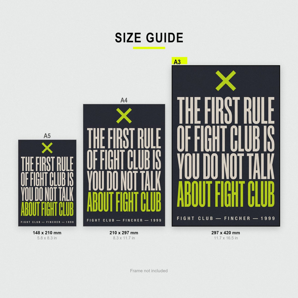 Fight Club Print size guide showing A3, A4 and A5