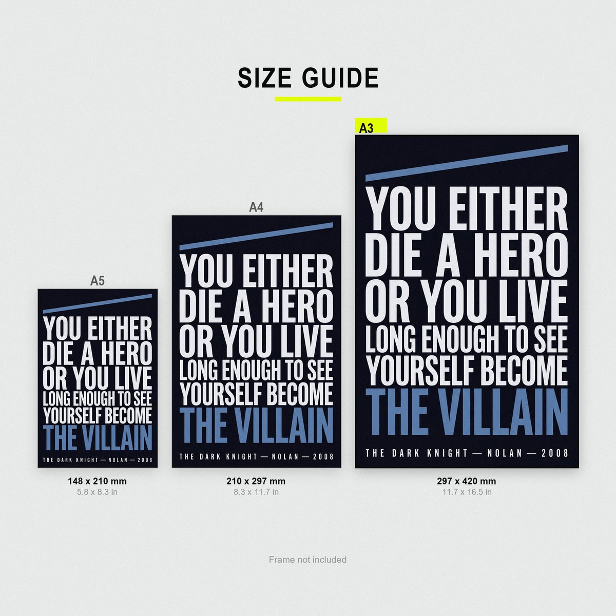 The Dark Knight Print size guide showing A3, A4 and A5