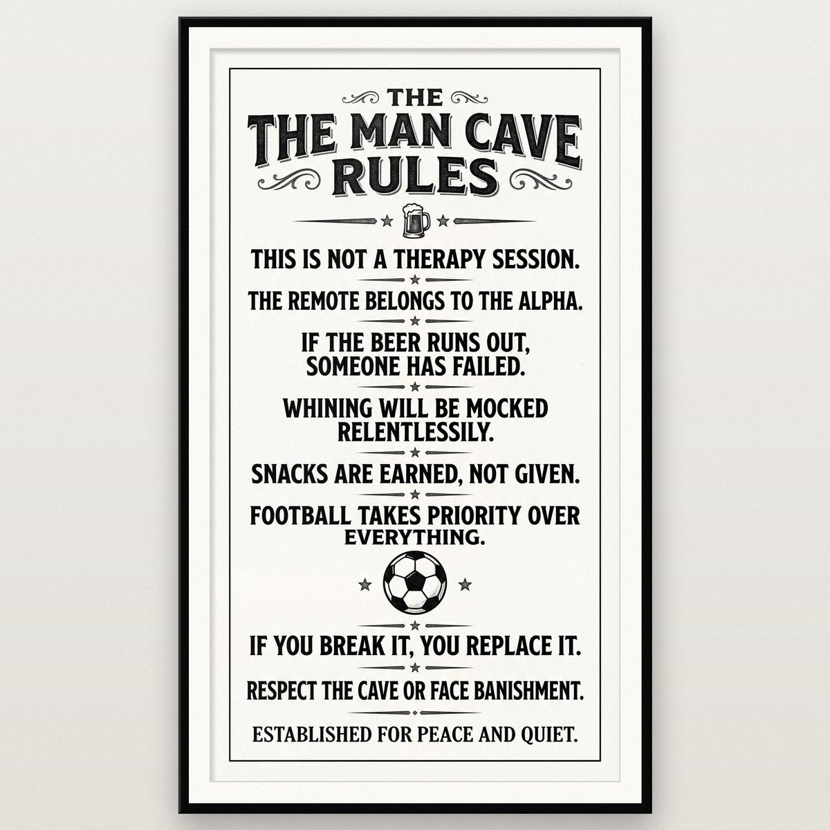 Man Cave Rules Poster shown in a black frame