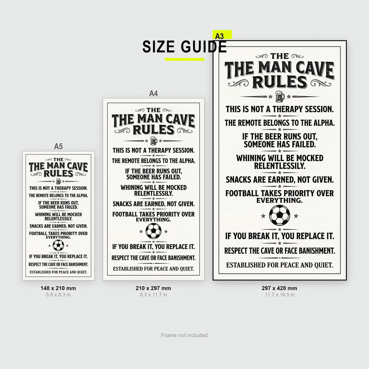 Man Cave Rules Poster size guide showing A3, A4 and A5