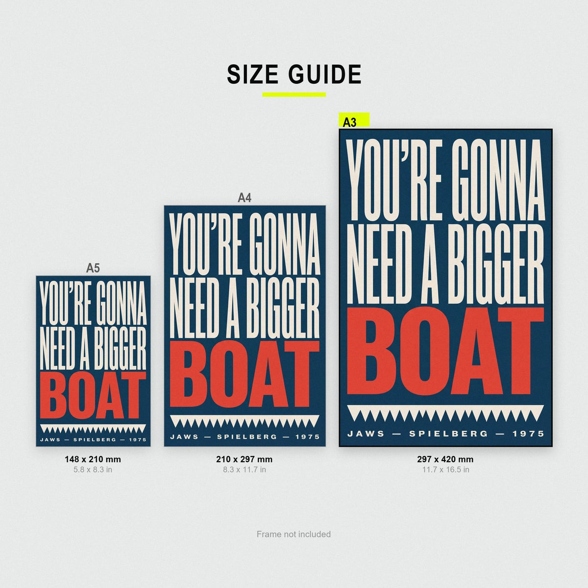 Jaws Print — Need A Bigger Boat Quote Poster size guide showing A3, A4 and A5