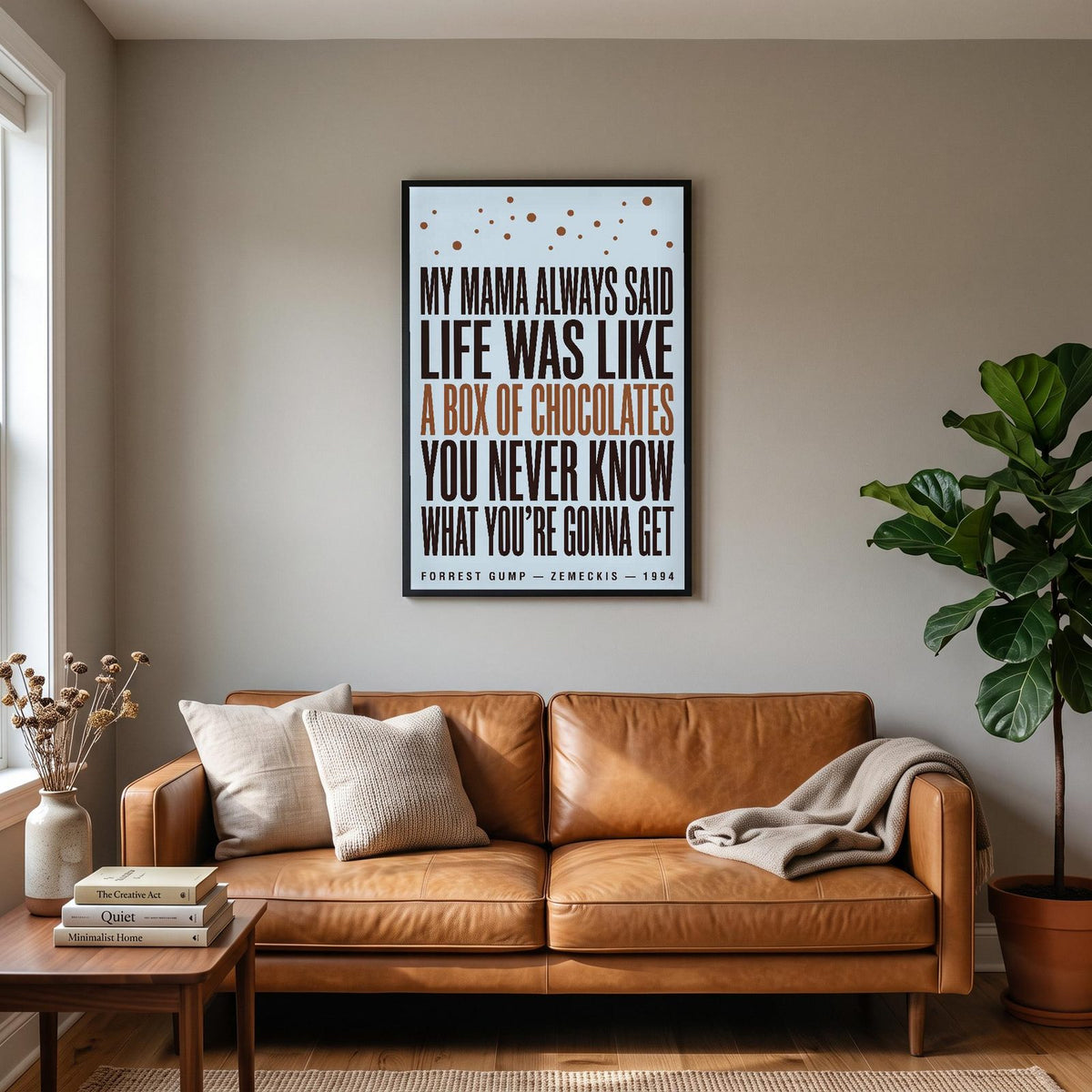 Forrest Gump Print hanging on a living room wall