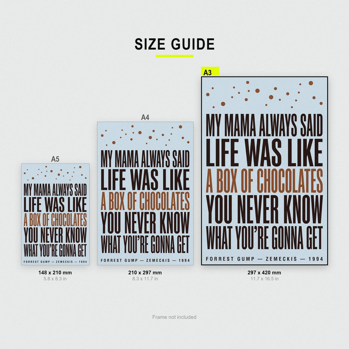 Forrest Gump Print size guide showing A3, A4 and A5