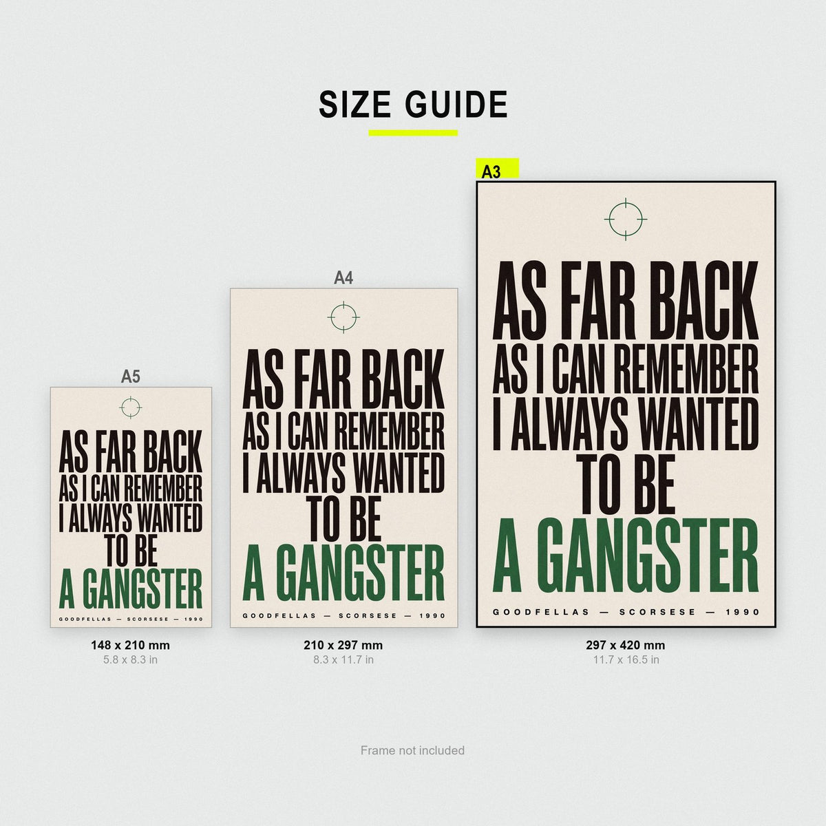 Goodfellas Print size guide showing A3, A4 and A5