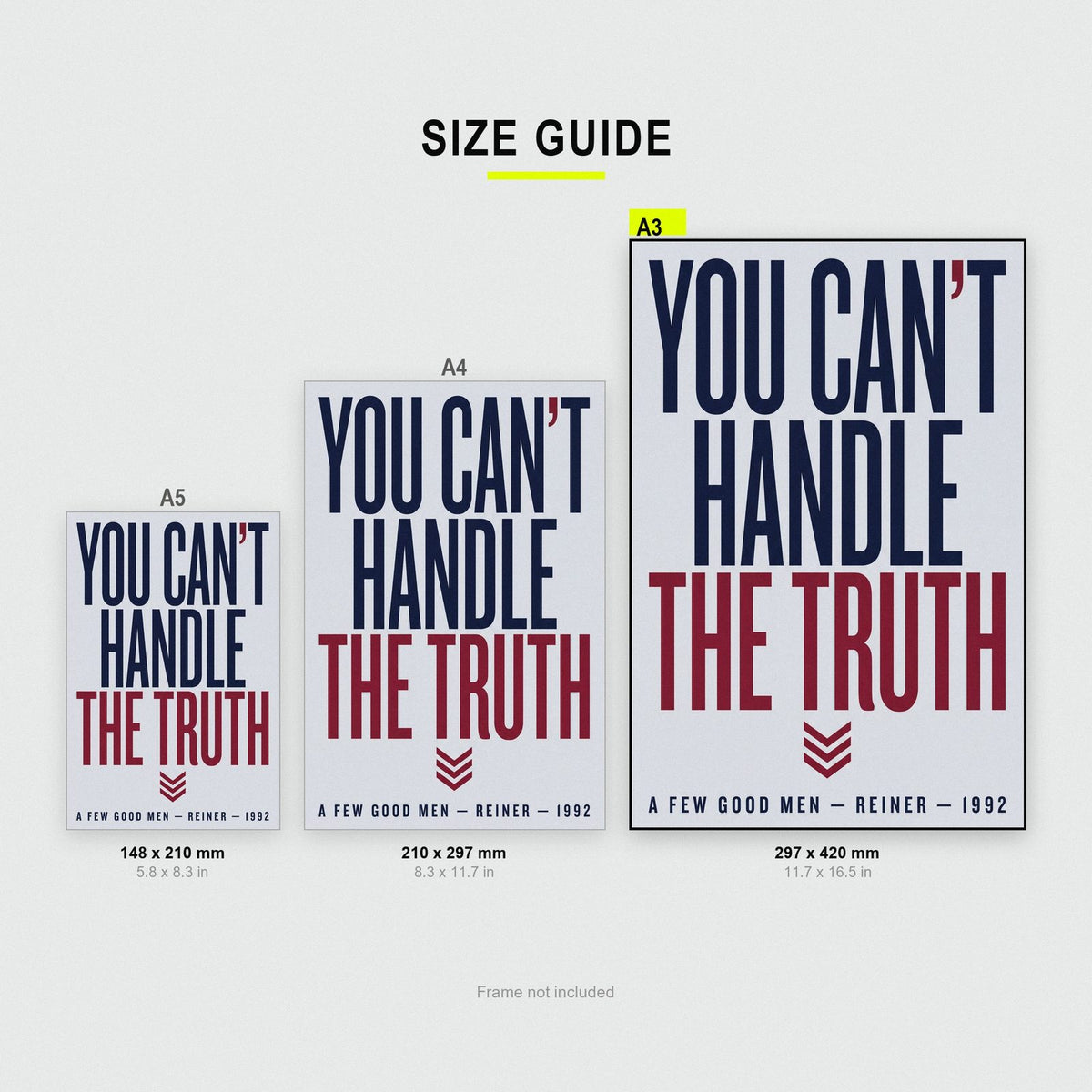 A Few Good Men Print size guide showing A3, A4 and A5