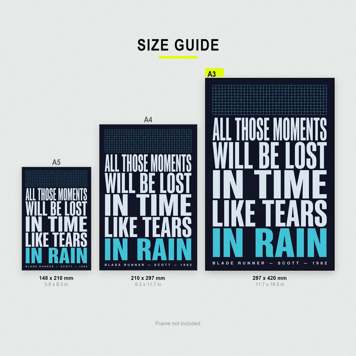 Blade Runner Print size guide showing A3, A4 and A5