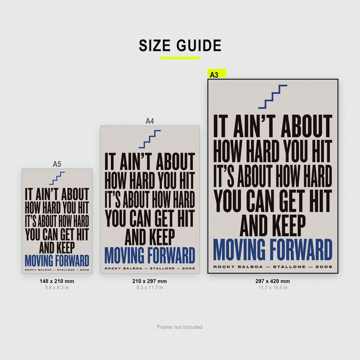 Rocky Balboa Print size guide showing A3, A4 and A5