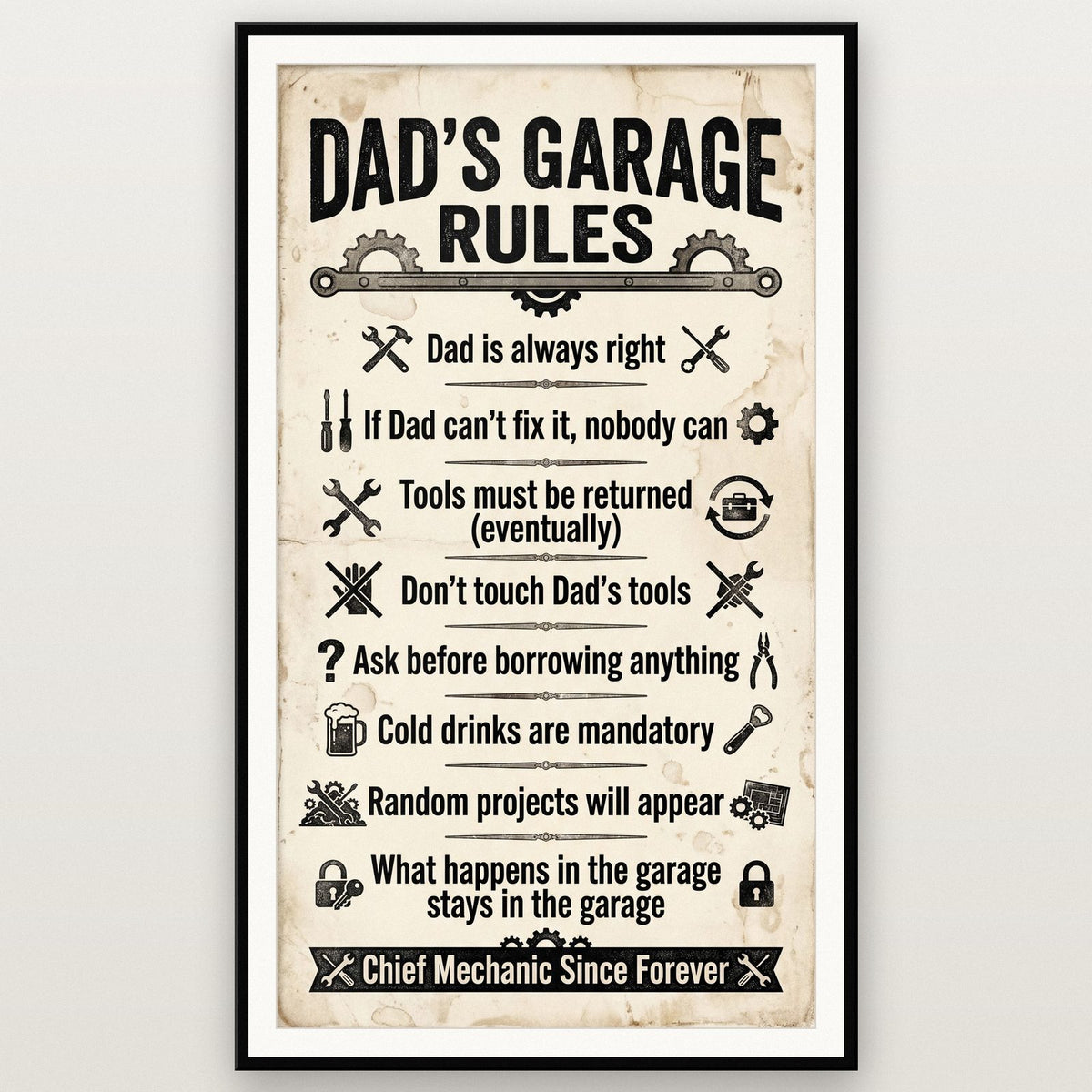 Dad's Garage Rules Poster shown in a black frame