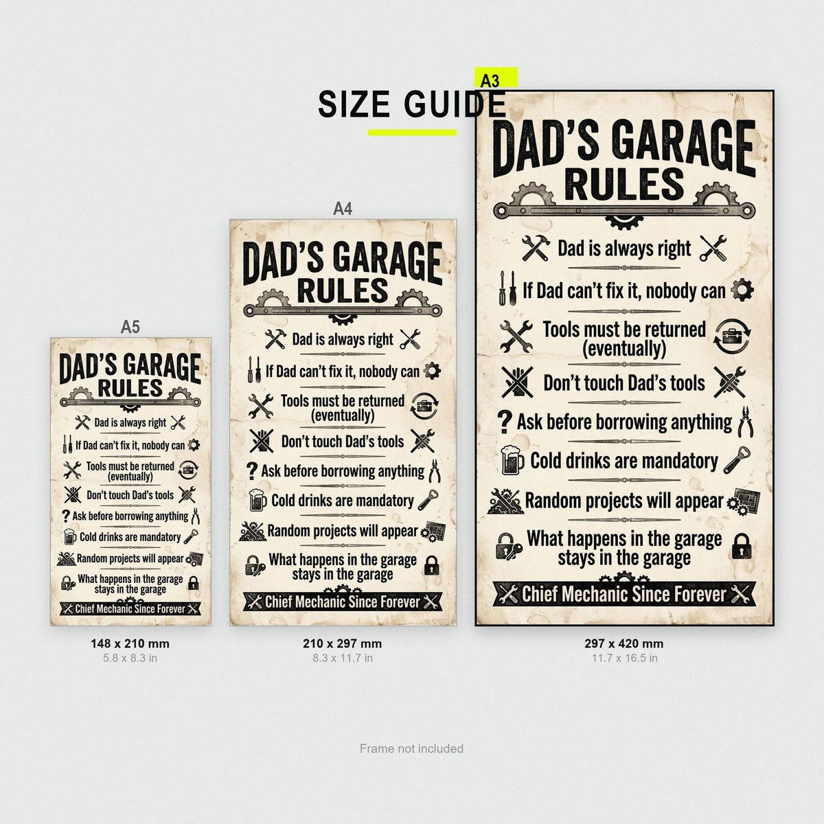 Dad's Garage Rules Poster size guide showing A3, A4 and A5