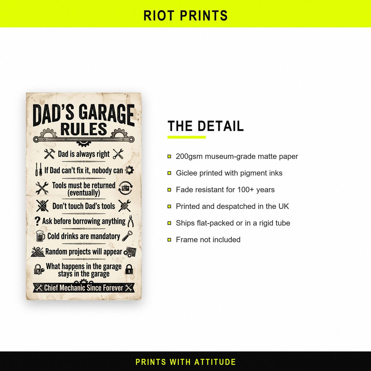Dad's Garage Rules Poster paper and printing specification