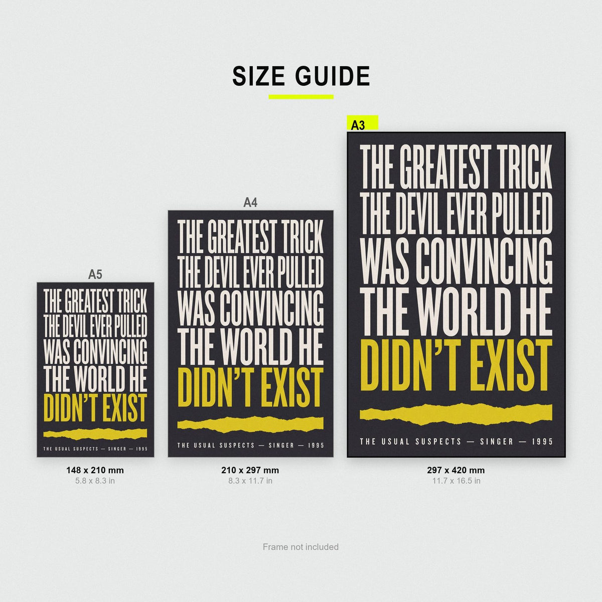 The Usual Suspects Print size guide showing A3, A4 and A5