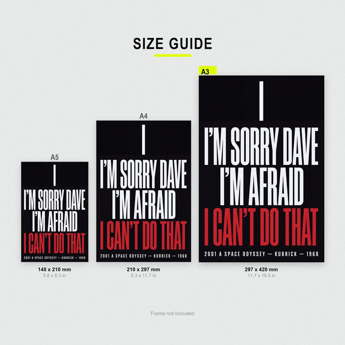 2001 A Space Odyssey Print size guide showing A3, A4 and A5